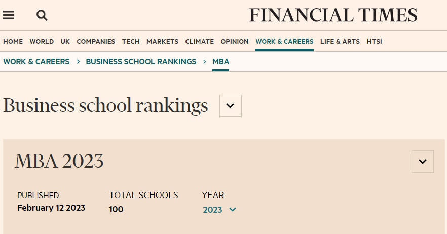 2023年《金融时报》全球MBA排名
