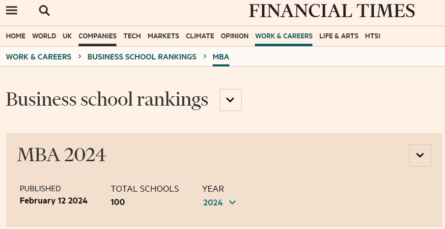 2024年《金融时报》全球MBA排名